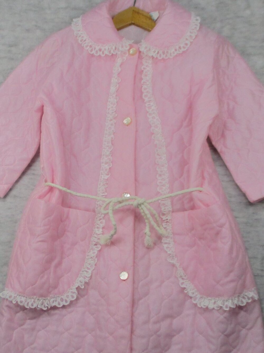 70s Pink Nylon Quilted Housecoat Robe, Small, Lace Trim Pockets, NEW OLD STOCK